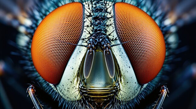 Extreme macro view of housefly head featuring vibrant orange compound eyes. Detailed insect portrait complex biological facet texture dark bristles body parts. High magnification photography brings