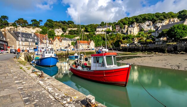 Colorful narrowboats moored along canal with countryside backdrop.