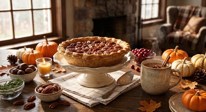 Freshly baked pecan pie sits on a pedestal cake stand next to a steaming mug on a wooden table Thanksgiving Day