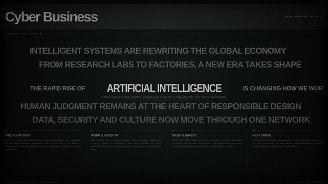 Artificial intelligence magazine text animation with editorial headlines and clean typography