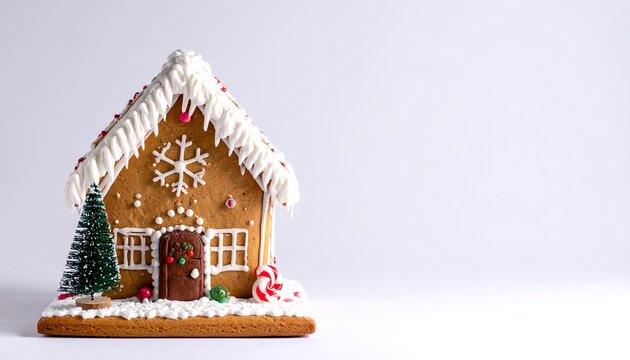 Colorful gingerbread house with candy decorations on wooden base.