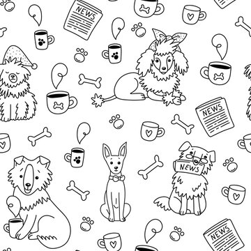 Hand drawn seamless coloring pattern featuring cute dogs, newspapers, coffee cups, bones, paw prints and playful doodle elements in black outline on a white background. Vector illustration.