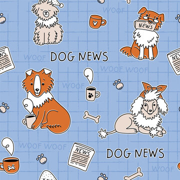 Hand drawn seamless pattern featuring cute dogs reading the news, coffee cups, newspapers, bones, paw prints and playful doodle elements on a blue grid background. Vector illustration.