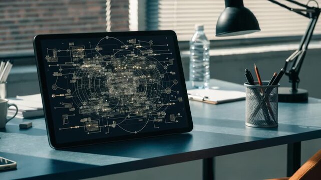 Focused view on a digital ledger screen showing encrypted loan agreement data with a desk in soft focus surrounded by tech gadgets and paperwork.