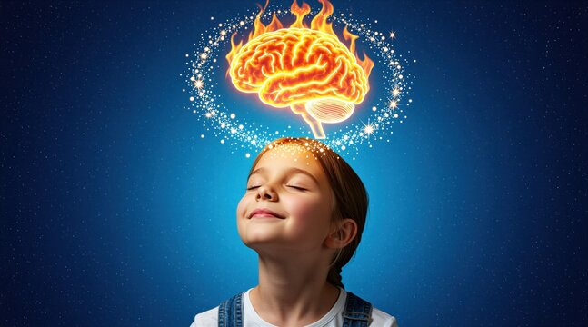 Young girl with closed eyes imagines glowing fiery brain above head. Concept of child creativity intelligence mental power, innovation. Bright sparks surround mind showing genius thought potential,