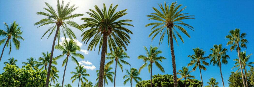 Low angle view of tropical palm trees with rich green leaves stand against bright blue sky. Tall exotic plants grow in sunny public park area during day. Warm summer weather brings relaxation, calm