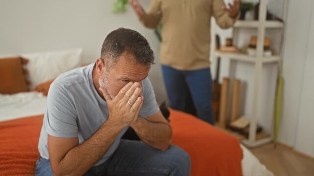 Man sitting on bed with clasped hands and bowed head while another man gestures behind him in bedroom building; relationship tension sadness.