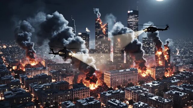 A dramatic night scene depicts a city under siege, with skyscrapers ablaze and a helicopter patrolling the smoke-filled skies.