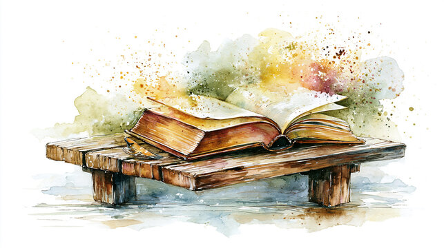 A watercolor painting of an open book resting on a rustic wooden table with splashes of vibrant colors in the background.