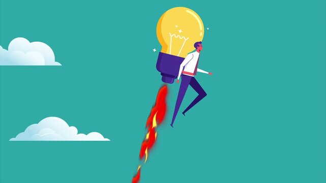 Animation of a business man with a light bulb shaped jet pack on his back
