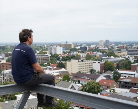 Mature man sitting on a steel beam, pensive, overlooking the cityscape