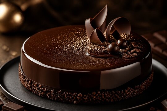 Chocolate mirror glaze cake decorated on dark platter