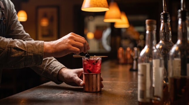 Bartender stirs cocktail in copper mixing tin
