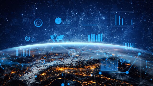 This captivating image illustrates Earth from space with digital overlays featuring graphs and charts, highlighting the fusion of technology and the natural world. Xenic