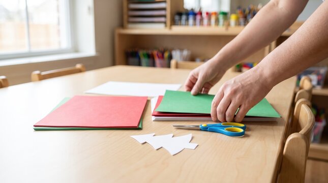 Hands crafting with colored paper, scissors, and cutouts on classroom table