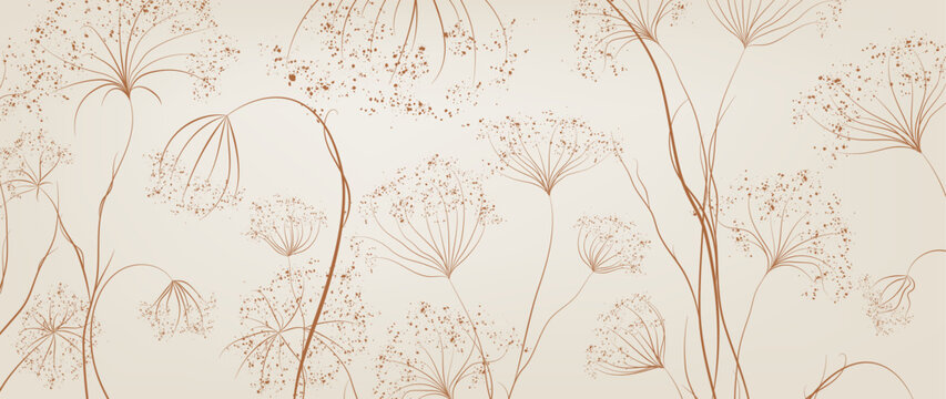 Art backdrop with copper or gold grass and flowers. Botanical banner for decor, prints, wallpaper, packaging, textiles, and interior design.