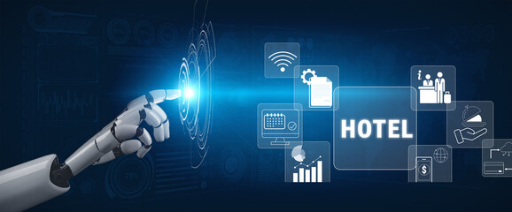 Futuristic robotic hand interacting with digital hotel management icons showcasing technology and...