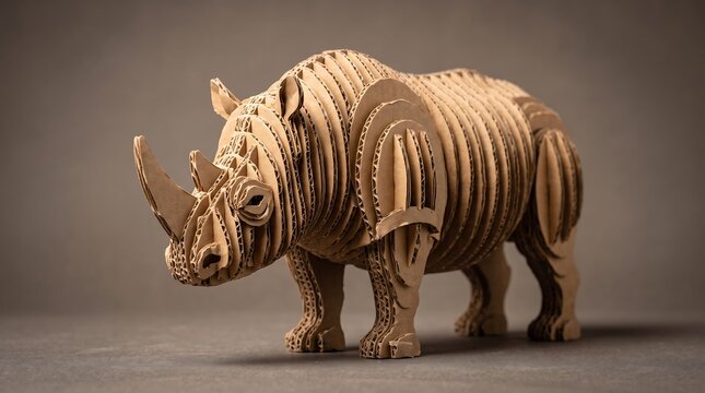 Rhinoceros sculpture made of layered corrugated cardboard