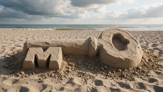 Sand sculpture letter sandy beach made light-colored material possibly intricately carved shape key keyhole ly