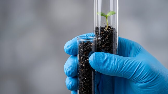 Gloved hand holding test tubes with soil and a young sprout