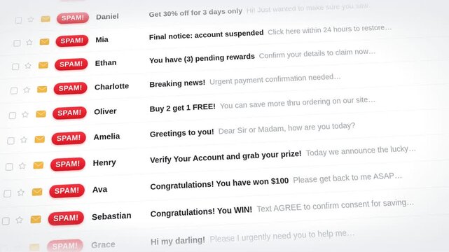 Scrolling spam email inbox interface with phishing scam messages and red junk mail alerts