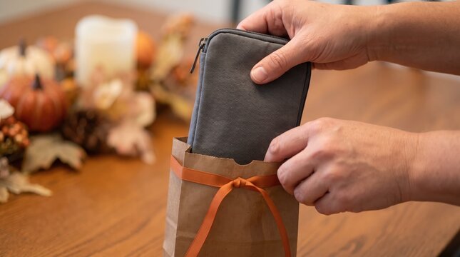 Close-up: hands inserting wallet into gift bag with autumn-themed background