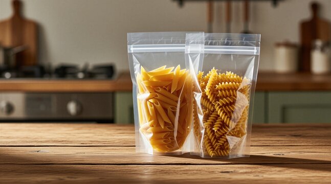 Clear stand up pouches with raw penne, fusilli pasta on wooden table. Plastic food bags with zip lock seal stand in home kitchen. Dry macaroni packaging template for branding design layout.