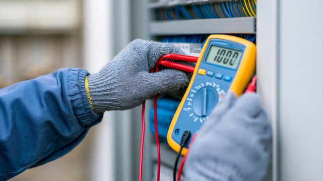 Electrician using multimeter for electrical panel testing and industrial system diagnostics