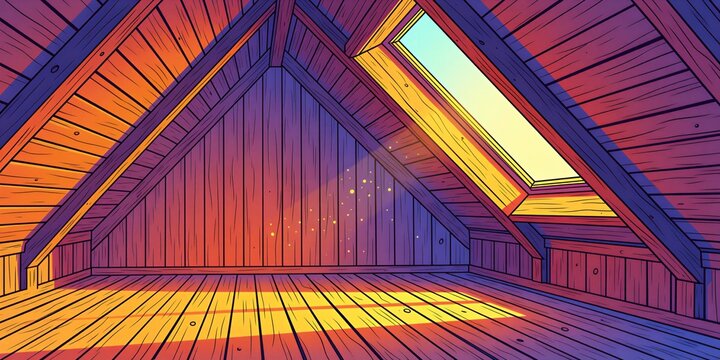 Empty attic room with slanted wooden walls and ceiling. Skylight window lets in bright sunlight creating striped shadows on floor. Dust motes dance in sunbeams.