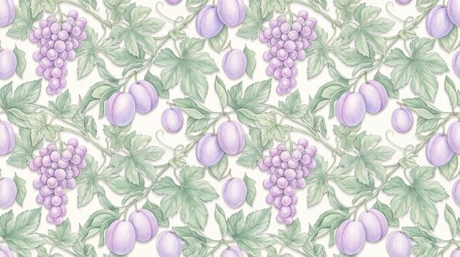 Vintage seamless repeating pattern design of soft pastel purple plums, bunches of grapes, and botanical vine leaves with drop shadow effect on cream background