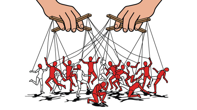Giant hands controlling many small red human puppets with strings in a flat vector illustration