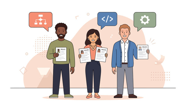 Diverse professional team members holding their paper resumes in a modern flat style vector illustration design