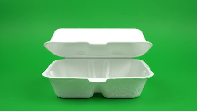 Empty Clamshell Takeaway Container Opening and Closing on Bright Chroma Key Green Screen Background