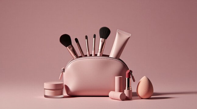Pink makeup bag filled with brushes, cosmetic products on plain background. Pro beauty kit items including lipstick jar sponge, tubes for feminine skin care routine. Minimalist style flatlay for
