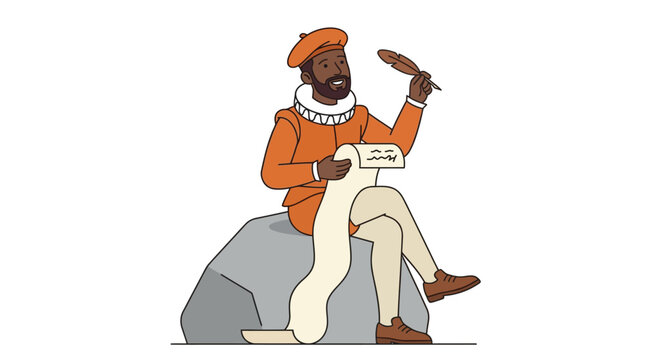 Creative vector illustration of a smiling man in renaissance clothing holding a quill and scroll