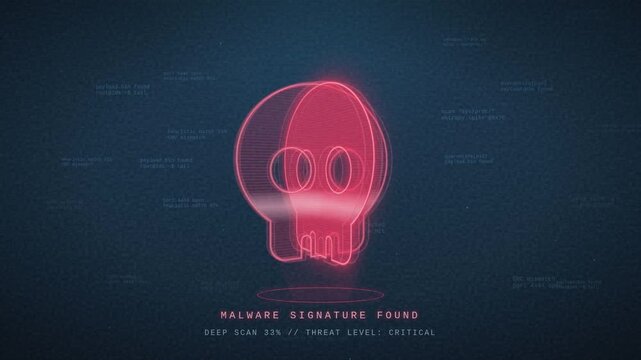 Malware detection warning with glowing skull icon and deep scan progress on dark HUD interface