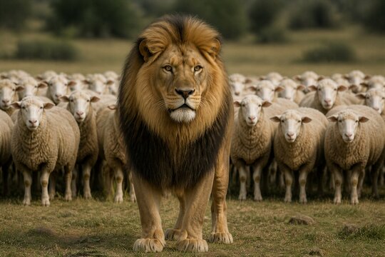 Male lion standing before flock of sheep on pasture