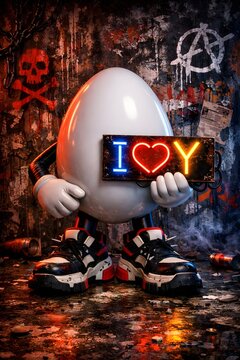 
Cute Easter Egg Character Holding Neon Love Sign in Punk Grunge Urban Scene 3D Render