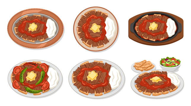 Professional Vector Collection Featuring Traditional Turkish Iskender Kebab Meals with Doner Meat, Pita Bread, Tomato Sauce and Yogurt Isolated on White Background