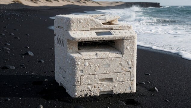 Old dilapidated printer black sand beach made concrete appears state disrepair peeling paint crumbling walls s