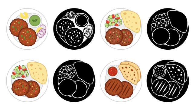 Professional Vector Set Featuring Traditional Pakistani Chapli Kebab Patties with Grilled Spiced Minced Meat Isolated on White Background