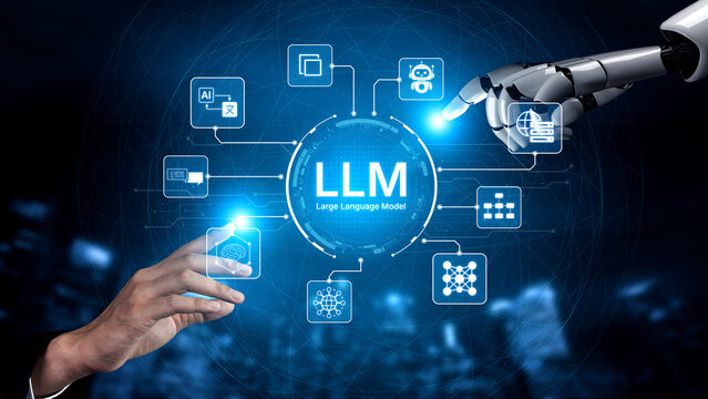Large Language Model LLM processing data. Represents deep text learning, natural language processing NLP AI tech, transformer architecture, and generative AI deep learning future technology. Corpus