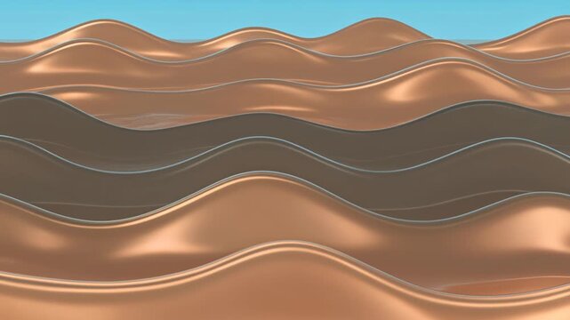 Abstract bronze wave animation showing smooth liquid motion across layered geometric surface. Flowing golden metal texture background for modern design concepts