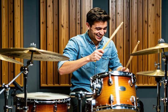 Happy young man plays drums in music rehearsal studio. Pro drummer performs with sticks on percussion instrument kit during practice session. Smiling guy enjoys hobby rhythm at indoor sound recording