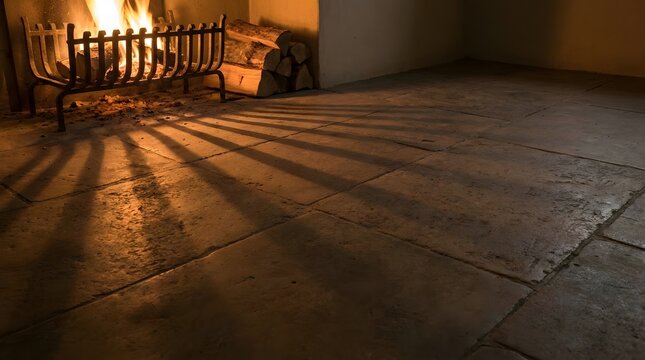 Dramatic firelight illumination with long shadows stretching across an ancient stone floor in a dark interior
