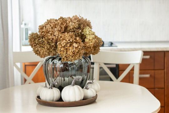 Dried hydrangea bouquet with white pumpkins on dining table autumn home decor