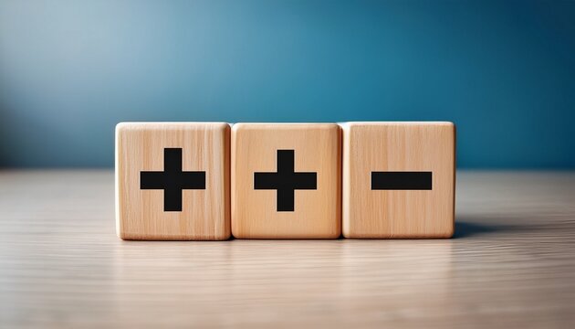 mathematics operation signs on wood cubes plus minus multiply divide and equal sign for calculating or education concept