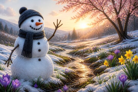 Snowman smiling in melting snow with spring flowers