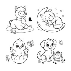 Fototapeta premium Cute Baby Animals and Cozy Pets Coloring Pages, Kawaii Cat and Puppy Line Art Bundle