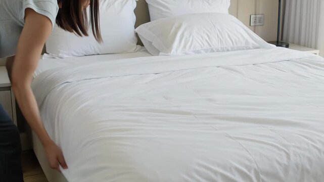 Woman making a white bed in a bedroom. Housekeeper tidying up linen sheets and arranging fluffy cushion. Efficient girl cleaning morning routine lifestyle concept